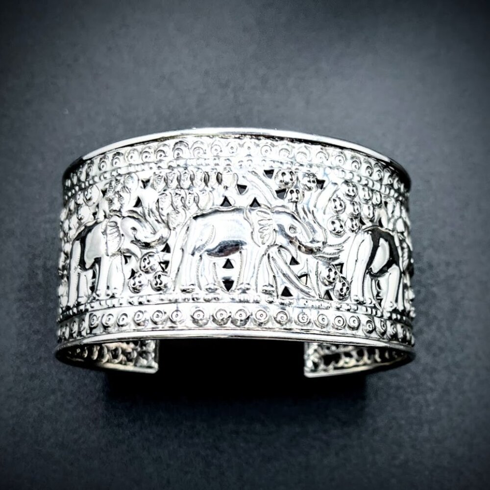 Fine Silver Elephant Repoussé Cuff Bangle Bracelet Handmade by Karen Hill Tribe